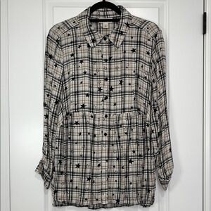 Style & Co. Black and Cream Plaid and Stars Shirt